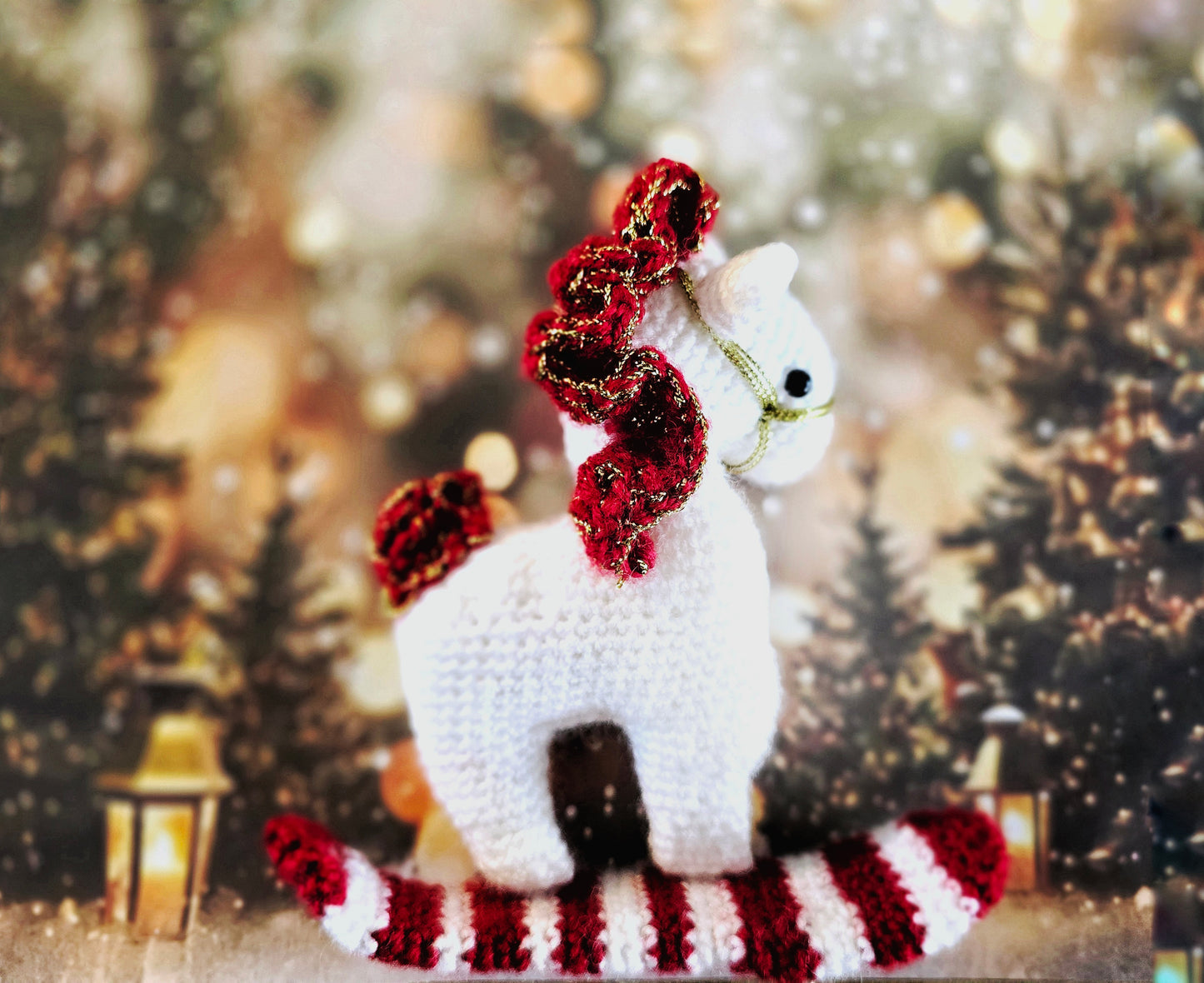 Crocheted Christmas Rocking Horse Amigurumi White and Red Ornament