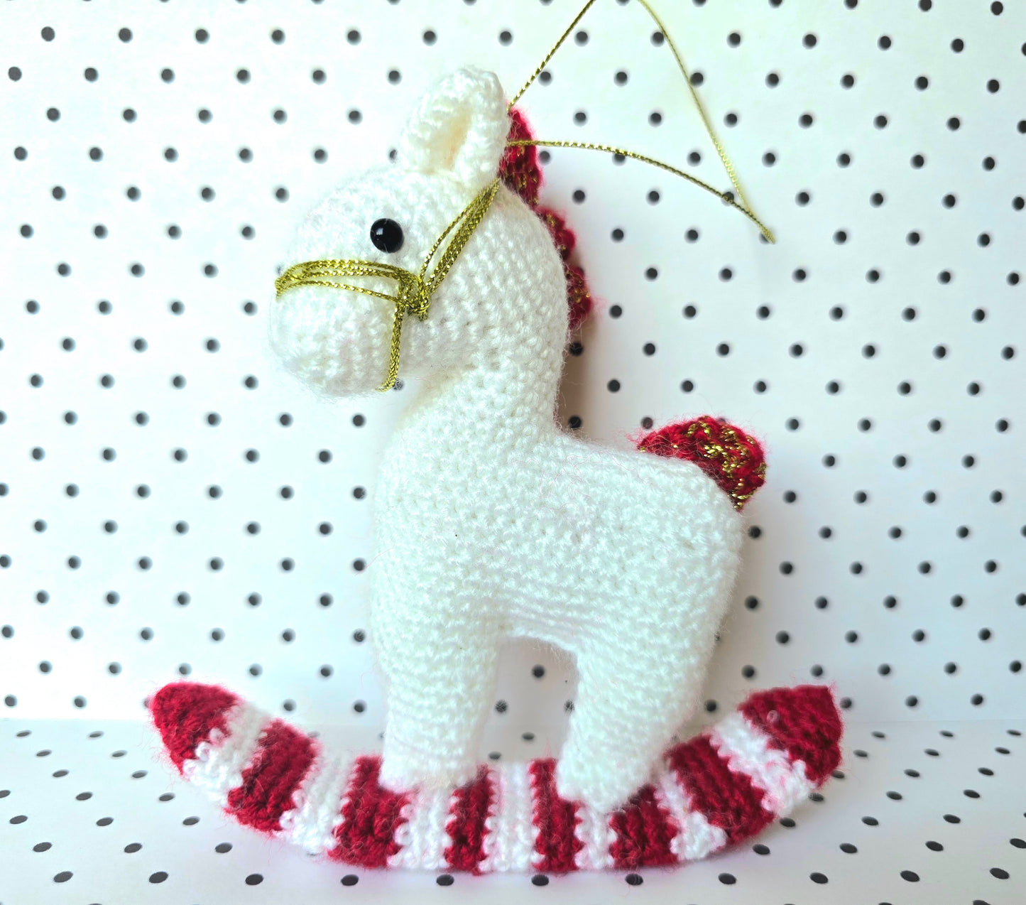 Crocheted Christmas Rocking Horse Amigurumi White and Red Ornament