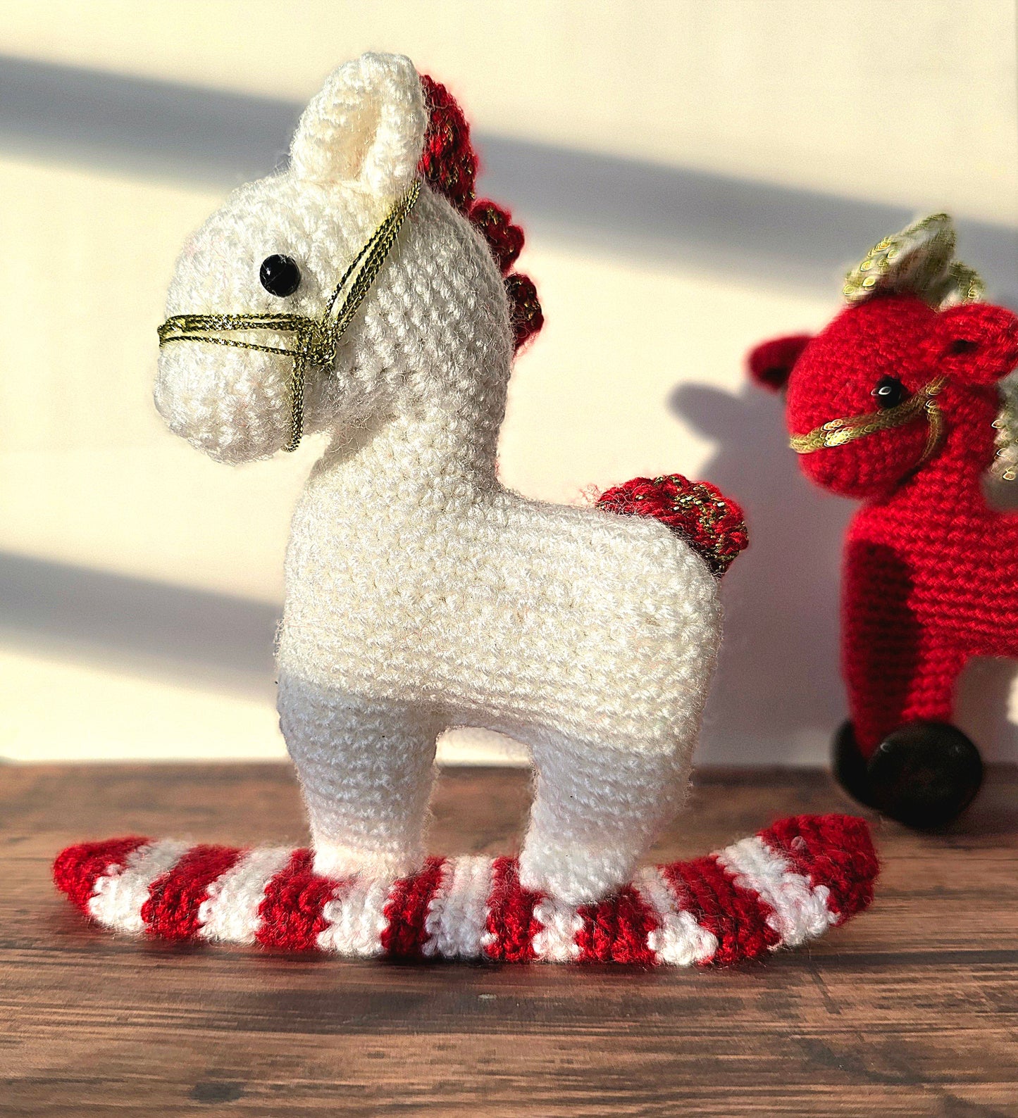 Crocheted Christmas Rocking Horse Amigurumi White and Red Ornament