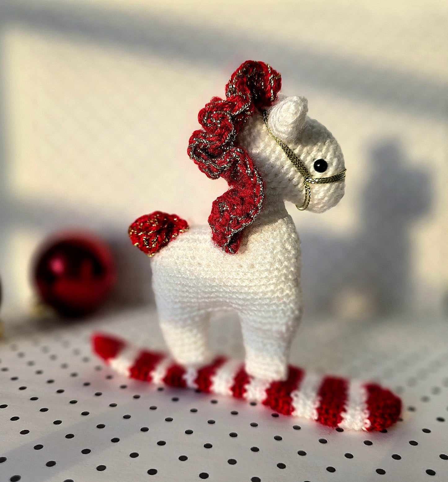 Crocheted Christmas Rocking Horse Amigurumi White and Red Ornament