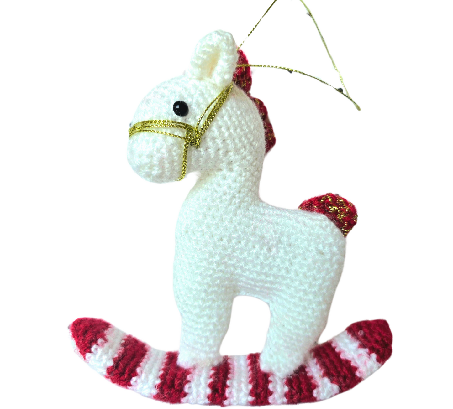 Crocheted Christmas Rocking Horse Amigurumi White and Red Ornament